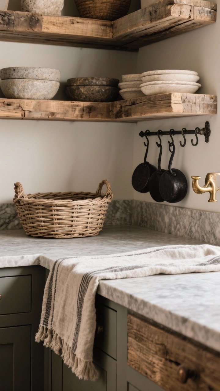 A detail shot of layered textures on a rustic counter: reclaimed wood open shelf above honed soapstone countertops, a wicker basket and linen table runner providing rough and soft contrast, a plush runner peeking at the base, and aged brass hooks with a blackened iron pot rack nearby; balanced mix of rough, smooth, soft, and metal, warm diffused lighting, photorealistic
