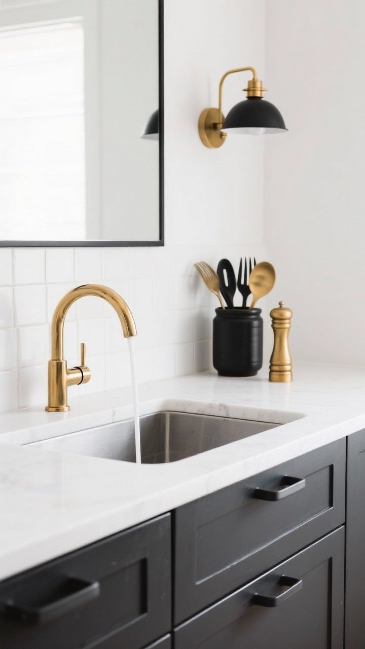 A detail shot of mixed metals against an all-white backdrop: closeup of a sink area with a brass pull-down faucet, matte black cabinet pulls, and a brass-and-black sconce above. Repeat finishes subtly in the frame: a black-framed utensil crock, a brass pepper mill. The white counter and backsplash keep it clean and modern. Soft daylight. No people.