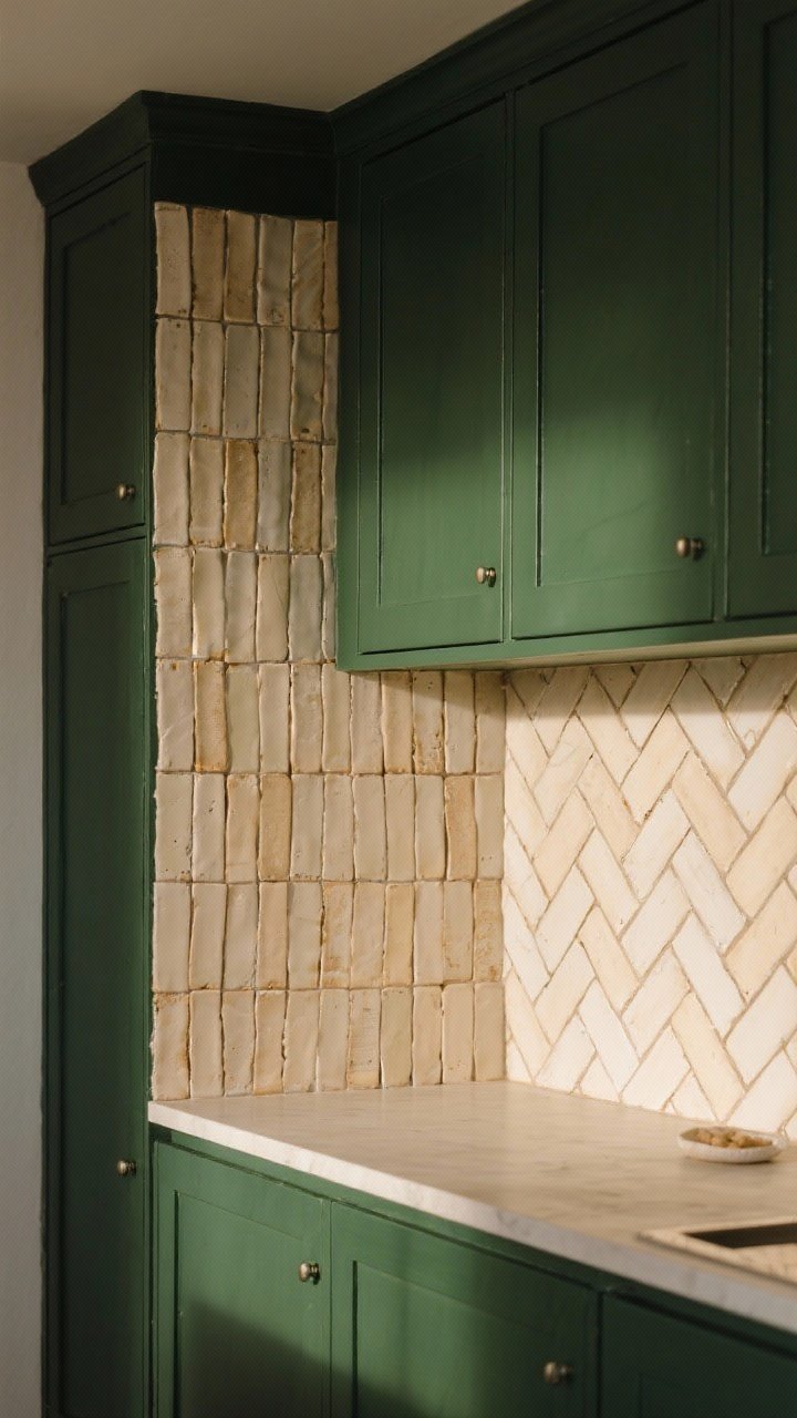 A detailed backsplash closeup behind dark green cabinets featuring hand-formed creamy zellige tiles with a subtle, uneven glaze that catches light; a vertical stack of skinny tiles rises behind a simple shelf to suggest height; alternate angle includes a small slice of a creamy herringbone section for movement; lighting is warm and glancing, highlighting tactile texture and depth.