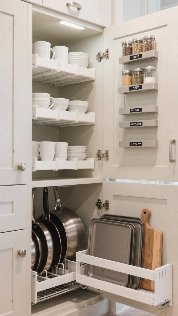 A detailed, cabinet-interior closeup with photorealistic inserts: adjustable white shelf risers organizing cups and bowls, a lower cabinet pull-out organizer revealing neatly arranged pots, a door-mounted spice rack with uniform labeled jars, and vertical file dividers corralling baking sheets and cutting boards. Neutral cabinet interiors, brushed nickel hardware, simple black-on-white labels, bright task lighting illuminating the smart storage.