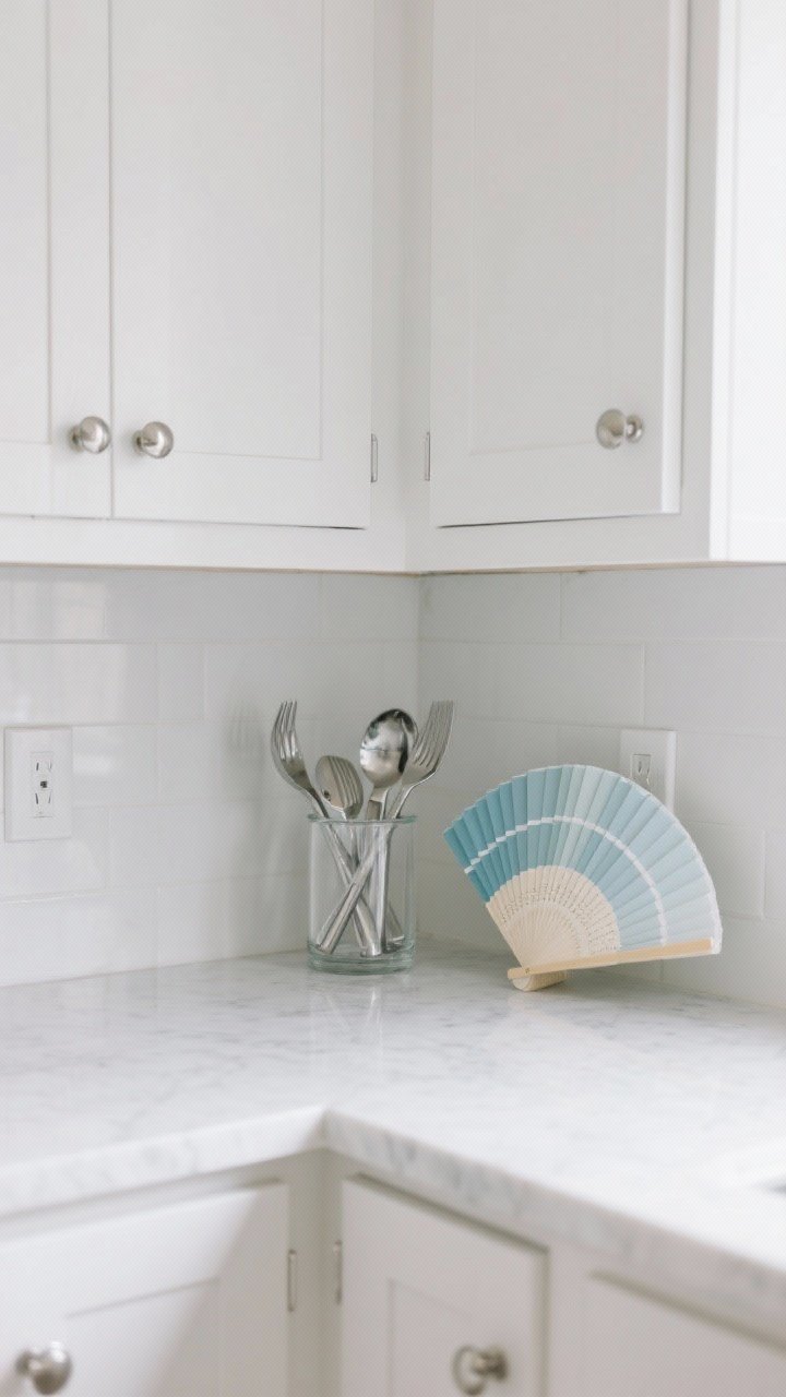 A detailed closeup of cabinet doors and counter showing “matched whites”: cool white shaker cabinets with polished nickel hardware, a cool-toned polished white quartz countertop, and a glass-and-chrome utensil holder. Include a paint sample fan of cool whites leaning on the counter in soft, even daylight to emphasize the crisp cool palette consistency. No people.