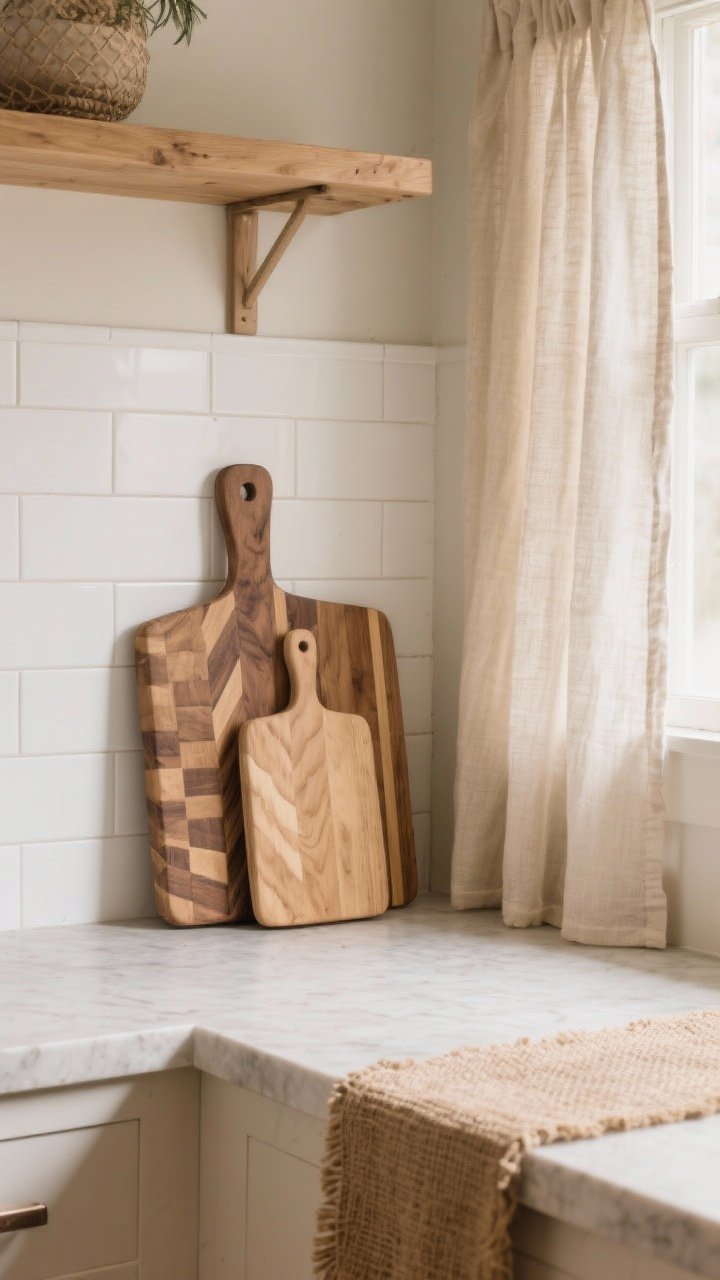 A detailed closeup of layered textures with simple forms: beadboard backsplash in soft white behind a clean-lined oak shelf, a thick end-grain butcher block cutting board set on pale stone counters, linen café curtains in oatmeal filtering light, and a small jute runner at the edge of frame; natural, warm light highlighting the tactile surfaces without ornate shapes