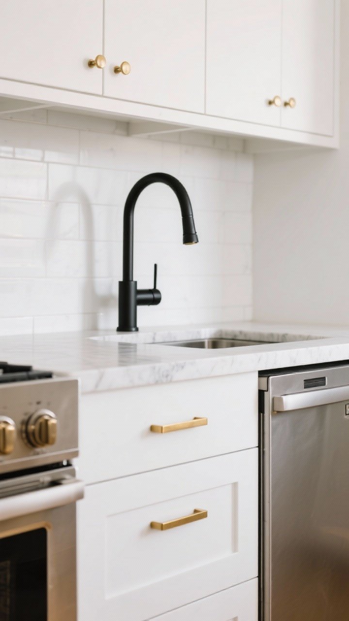 A detailed closeup of mixed metals against white cabinetry: warm brass drawer pulls next to a satin black faucet, with nearby stainless appliances reading as the third metal. Include a snippet of cool-white quartz counter and clean white backsplash to show undertone harmony. Soft, neutral lighting to prevent color cast, photorealistic, no people.