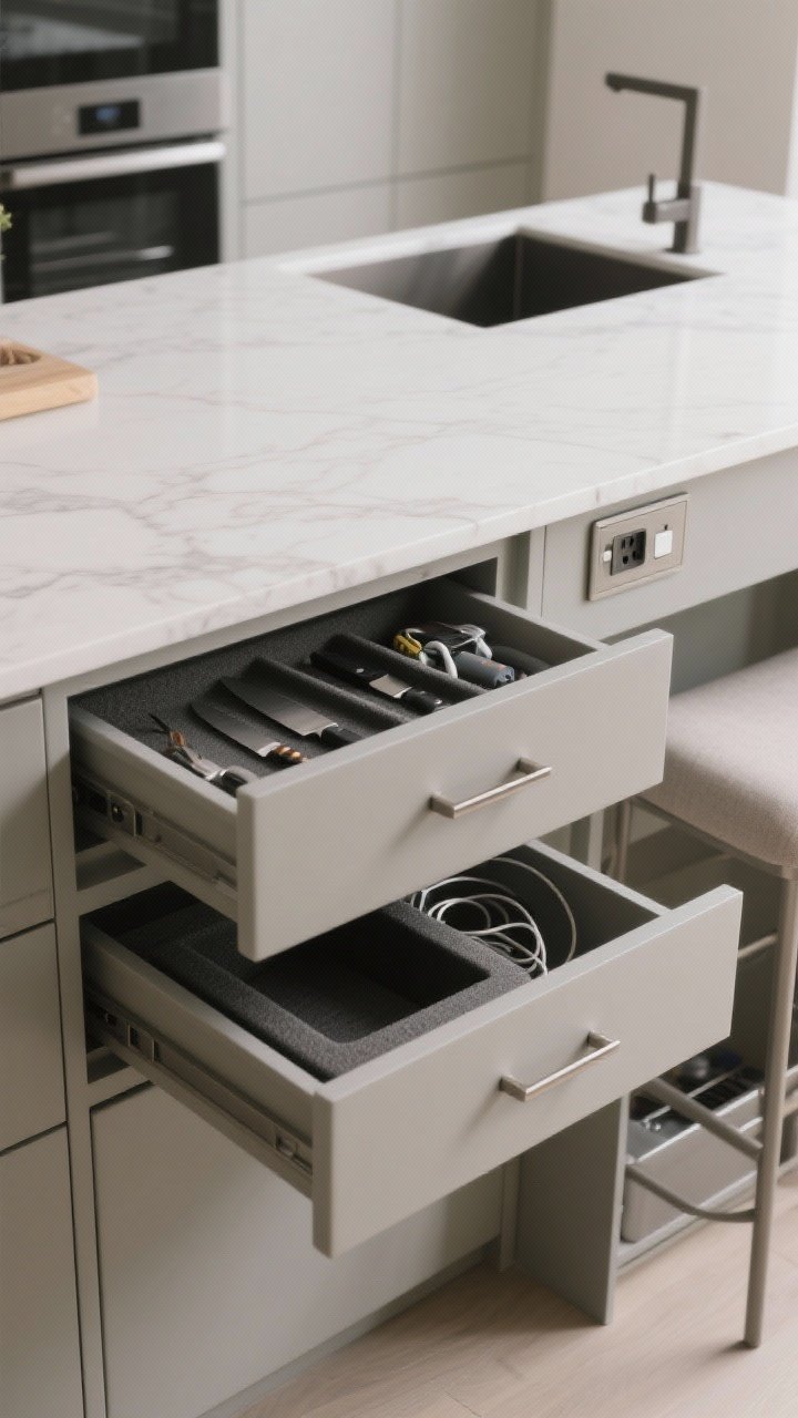 A detailed closeup of the workhorse island’s seating side: deep soft-close drawers with long modern pulls partially open to reveal foam inserts for knives and gadgets, a hidden trash/recycling pull-out, and a discreet flip-up counter outlet; charging cables neatly stowed, matte painted base, brushed metal hardware, and a wipeable quartz top—functional textures highlighted in soft, even light.