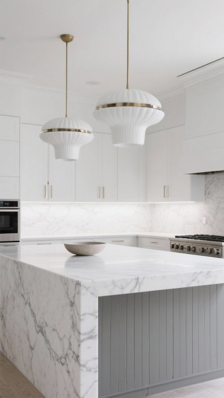 A dramatic, medium shot making the island the star in an all-white kitchen: a waterfall-edge white marble island with subtle veining, vertical fluted paneling on the island base, and two oversized sculptural white enamel pendants overhead. Perimeter cabinets remain white while the island base shows a soft gray two-tone moment. The island surface holds one low bowl only. Soft, gallery-like lighting. No people.