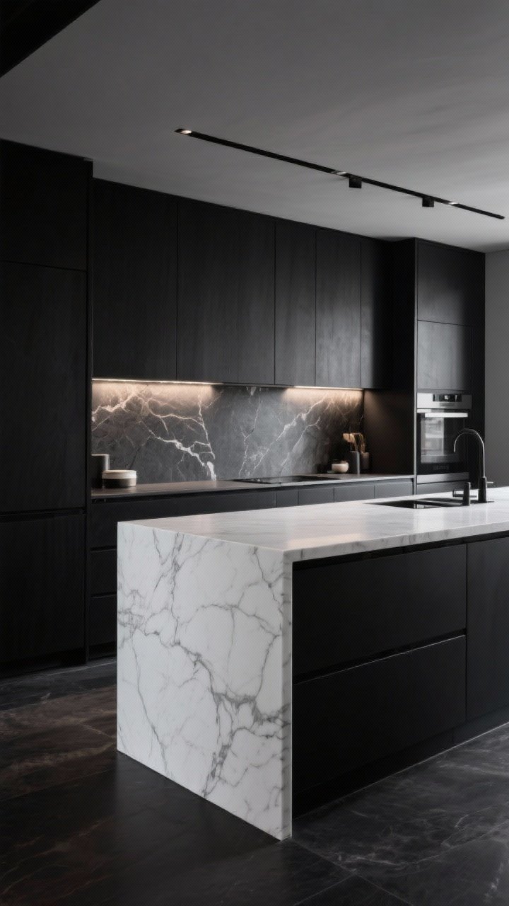 A dramatic wide shot of an all-black, handle-free kitchen with slab-front cabinets, balanced by stone: a white quartz waterfall island with faint veining and a matching full-height slab backsplash; under-cabinet lighting grazing the stone to highlight texture; minimal accessories on counters; photorealistic, moody-chic with crisp contrast.