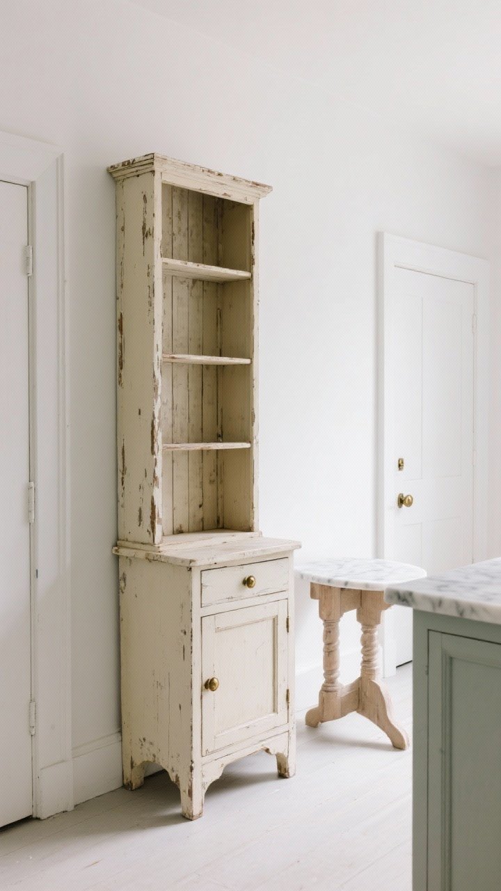 A medium, angled shot featuring a freestanding furniture piece in a white kitchen: a narrow vintage hutch with closed storage below and open display shelves above, showing worn wood, chipped cream paint, and aged brass knobs; a marble-topped petite baker’s table nearby; placed along a blank wall between doorways to break up built-ins; gentle daylight emphasizing patina and character.