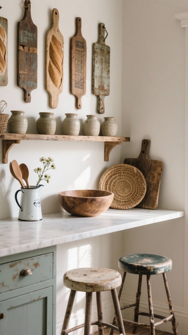 A medium, angled view of a styled rustic shelf and counter featuring vintage finds: a wall arrangement of antique breadboards as art, stoneware crocks holding wooden utensils, an enamel pitcher with simple flowers, a wooden dough bowl, woven tray, and a mismatched pair of vintage counter stools at the edge; gentle morning light emphasizing patina, photorealistic