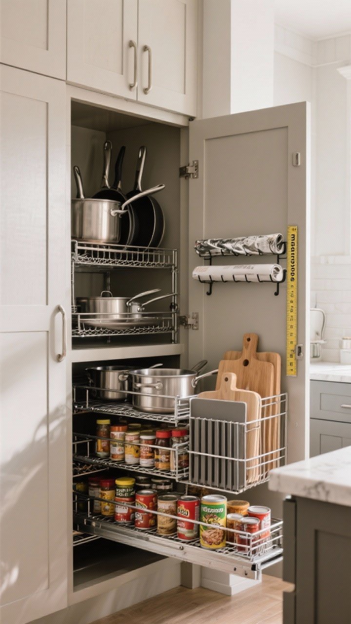 A medium cabinet interior shot with the doors open, showcasing smart inserts: metal mesh pull-out shelves holding pots and pans in a deep lower cabinet, tiered organizers neatly displaying spices and canned goods, vertical dividers storing sheet pans and cutting boards, and a back-of-door rack for wraps and foil. Include a measuring tape on the counter to hint at “measure twice,” neutral, functional lighting.