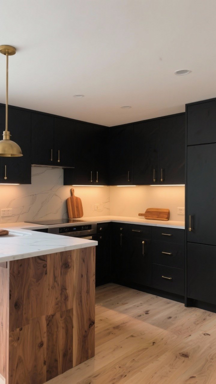A medium, corner-angle shot of a kitchen mixing black cabinetry with natural wood: black perimeter base cabinets with a white oak island top and matching white oak floors, brushed brass hardware tying black and wood together; warm LED lighting at 2700–3000K creating inviting warmth; include a walnut cutting board and butcher block accents to reinforce the warm wood story; photorealistic and curated, Scandinavian-influenced warmth.