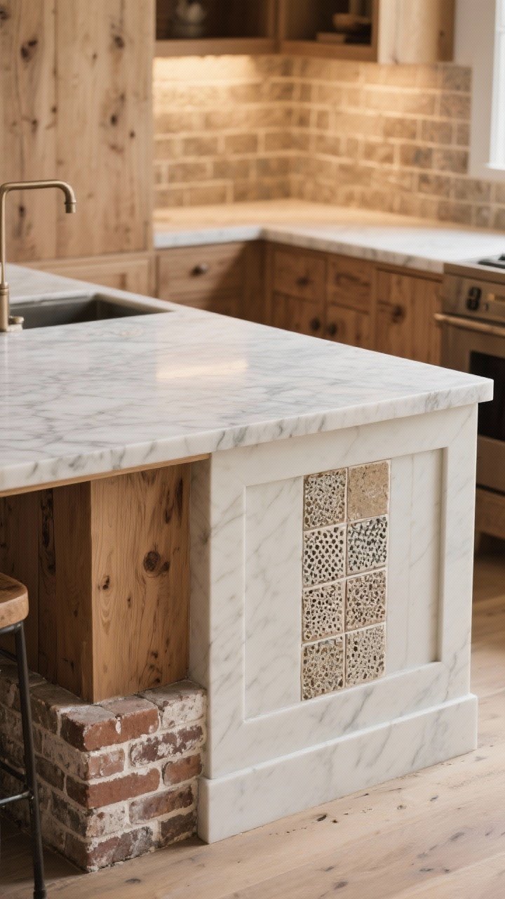 A medium corner-angle shot of a mixed-materials island: white oak base with a tumbled brick footrest/plinth, honed marble top; handmade tile inset panels on the island sides for texture; sealed porous surfaces with a subtle matte finish; warm ambient light skimming across wood grain, brick, and tile to accentuate the layered “collected over time” look; scuff-resistant kick area visible.