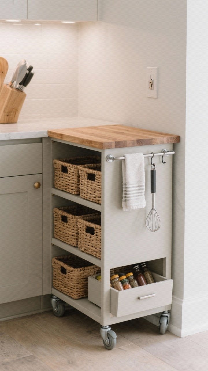 A medium corner-angle shot of a narrow rolling kitchen cart (12–18 inches deep) topped with a butcher block, set beside a small galley counter. Locking casters visible, hooks on the side holding a towel and tongs, lower shelf organized with matching baskets for storage and a shallow drawer slightly open with spices peeking. Neutral palette, practical, mobile vibe, bright task lighting.