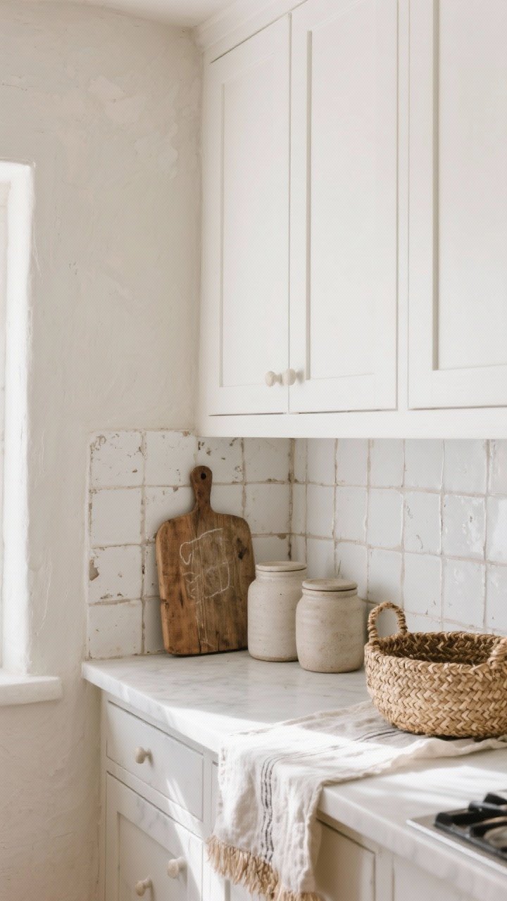 A medium, corner-angle shot of a white European-inspired kitchen vignette focused on layered textures: matte white shaker cabinets beneath a softly limewashed plaster wall, an imperfect handmade white zellige tile backsplash catching light unevenly, aged oak cutting board and chalky ceramic stoneware jars on the counter, a natural linen runner and woven seagrass basket on a narrow ledge; soft morning natural light grazing surfaces to emphasize matte vs. chalky textures; no glossy finishes, cozy and calm mood.