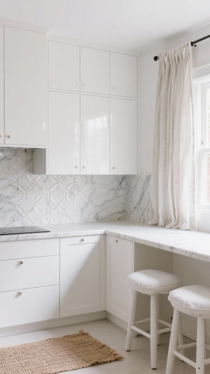 A medium, corner-angle shot of an all-white kitchen showcasing layered textures: matte white lower cabinets paired with satin-gloss white uppers, a honed white marble countertop beside a polished marble slab section, a backsplash of handcrafted white zellige tiles with subtle ripples, and soft linen cafe curtains filtering daylight. Include cushy white barstool cushions and a small woven jute runner, repeating the same few textures for a curated, cozy, dimensional feel. No people.