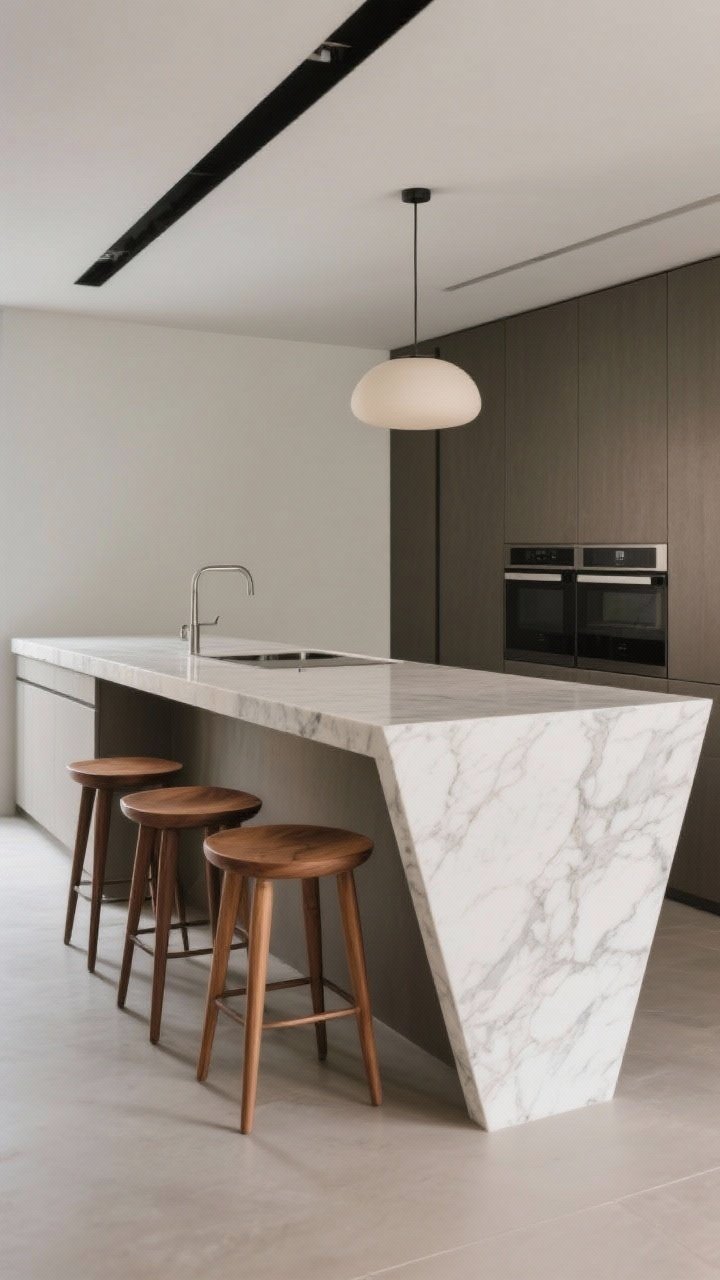 A medium corner-angle view of a sculptural kitchen island with a quartz waterfall edge on one side, matte finish to resist fingerprints, hiding a sleek row of three warm wood stools tucked under the slab; the island surface in soft veined marble-look quartz, clean-lined profile, gentle natural light with a single rounded pendant echoing the slab’s geometry, emphasizing durability and refined designer energy.