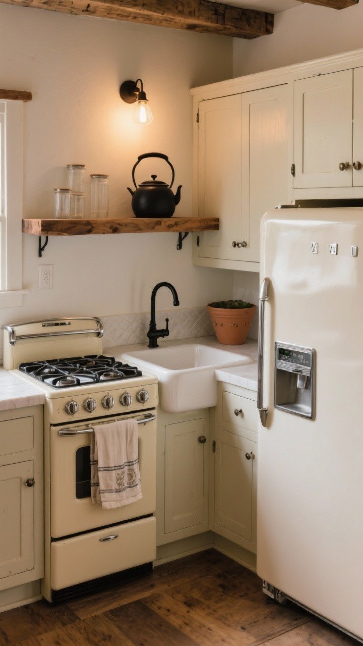 A medium corner shot showcasing compact, character-loaded appliances in a small rustic kitchen: a 24-inch retro-inspired range in cream, a counter-depth fridge aligning with cabinetry, and a smaller apron-front fireclay sink; a matte black pot filler and simple oak shelf above; warm, diffused task lighting accentuating the efficient layout without countertop appliance clutter