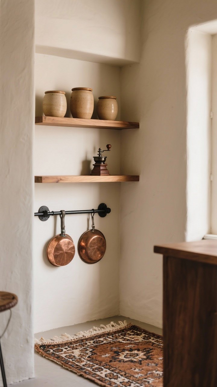 A medium, cozy corner focal moment: a compact coffee nook with a warm oak shelf holding ceramic canisters and a petite manual grinder, a matte black pot rail below displaying two well-loved copper pieces, and a vintage kilim runner adding earthy color underfoot; the surrounding area kept quiet and minimal so the nook stands out, with warm, inviting light