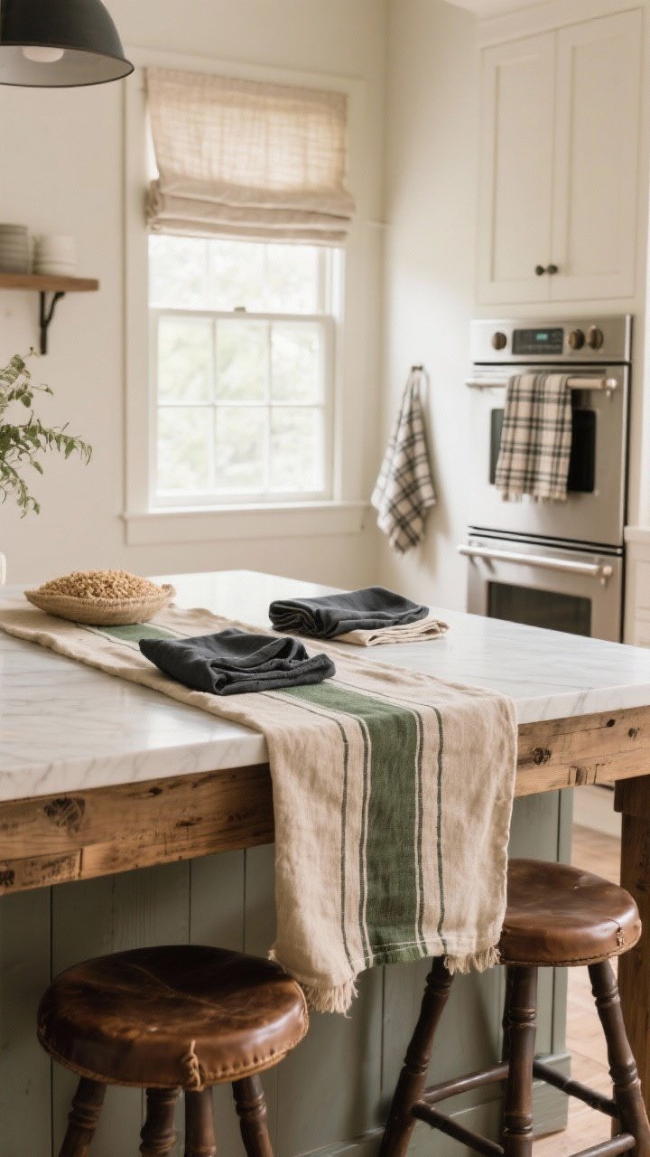 A medium dining nook scene layering textiles: oatmeal linen table runner on a rustic wood table, charcoal and olive striped napkins, grain sack tea towels draped over the oven handle in background, and two leather counter stools at the island; simple linen Roman shade at the window; a subtle single plaid towel adds a tiny patterned moment; soft, washable textures in warm daylight; photorealistic.