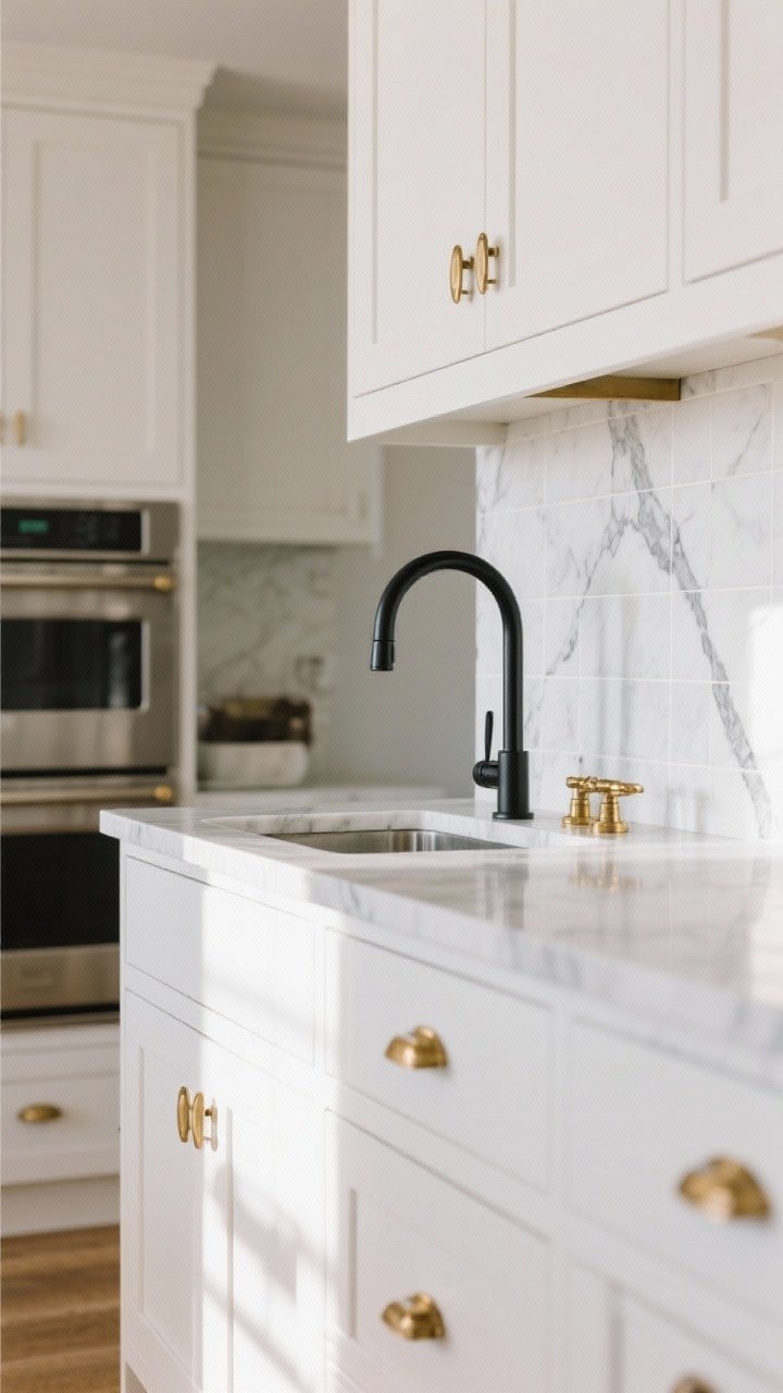 A medium island corner shot focusing on mixed metals in a white kitchen: dominant warm brass cabinet knobs and pulls paired with a black matte gooseneck faucet, plus a few stainless appliances in the background. Include honed marble with gray veining and a white tile backsplash. Composition follows a 70/30 brass-to-black ratio. Afternoon natural light with soft reflections on metal finishes; no people.