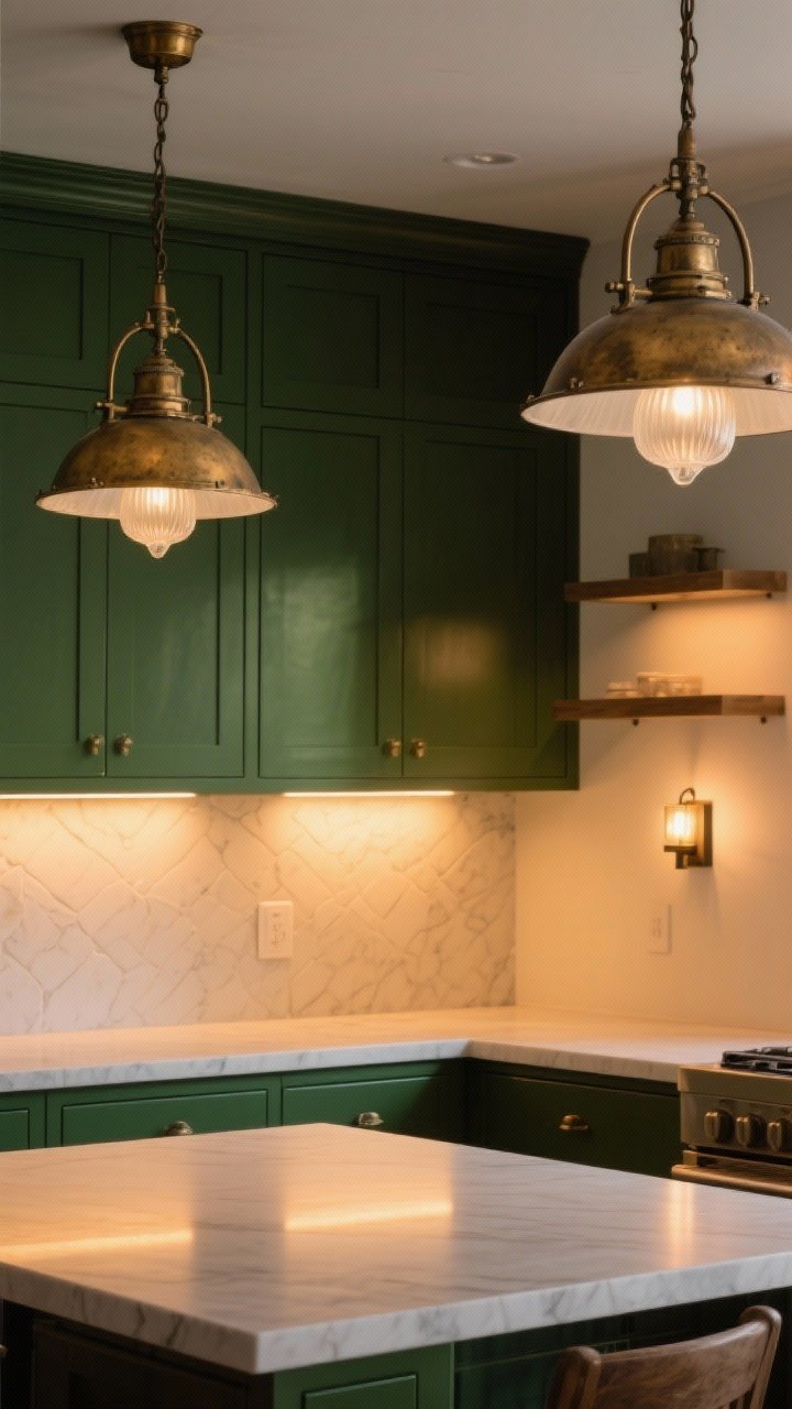 A medium kitchen island scene emphasizing layered warm lighting on dark green cabinetry: two aged brass pendants with milk glass shades over the island, warm 2700K under-cabinet lighting washing the backsplash, and a small wall sconce near open shelves; the warm color temperature enriches the green tones and creates cozy evening ambience without washing the color out.