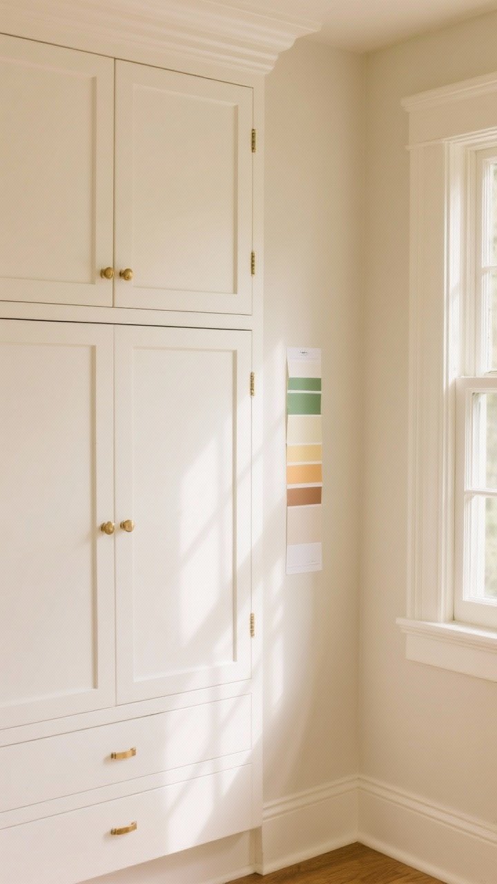 A medium shot emphasizing a palette of soft whites with warm undertones: creamy white cabinet fronts, warm ivory walls, and trim painted a slightly deeper off-white for subtle contrast; paint swatches taped to the wall near a window to show how natural light shifts color; diffused afternoon light creating soft shadows; understated brass hinge details and a quiet, cozy mood.