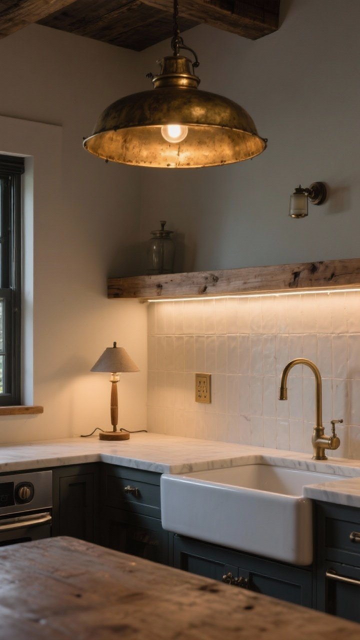 A medium shot emphasizing layered moody lighting in a rustic kitchen: an aged brass semi-flush ceiling fixture casting a warm glow (2700–3000K), undercabinet LED strips illuminating a pale backsplash and counters for task work, and a small table lamp tucked on an oak shelf plus a single sconce over the sink; dimmers implied by soft gradients of light and shadow