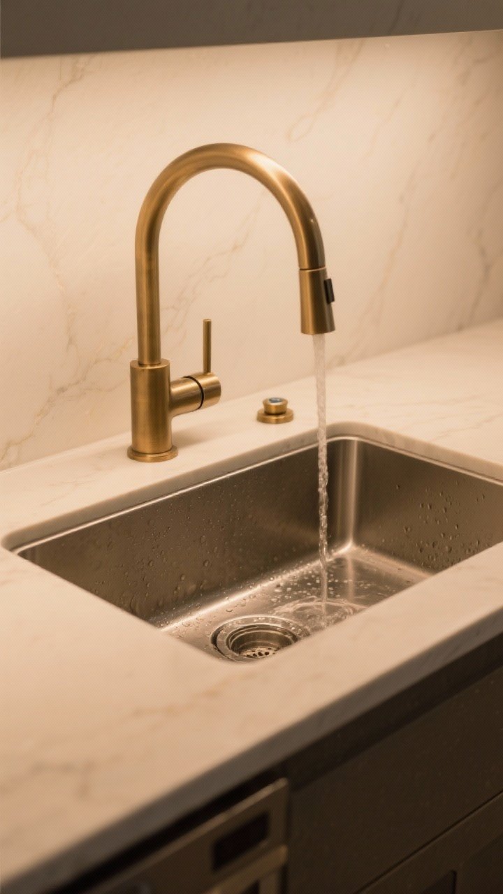 A medium shot focusing on a high-arc kitchen faucet with a pull-down sprayer in brushed brass mounted over a single-bowl, deep 10-inch stainless sink; subtle water droplets barely visible but no spots thanks to the finish; an air switch button discreetly installed on the countertop next to the faucet, under warm ambient lighting