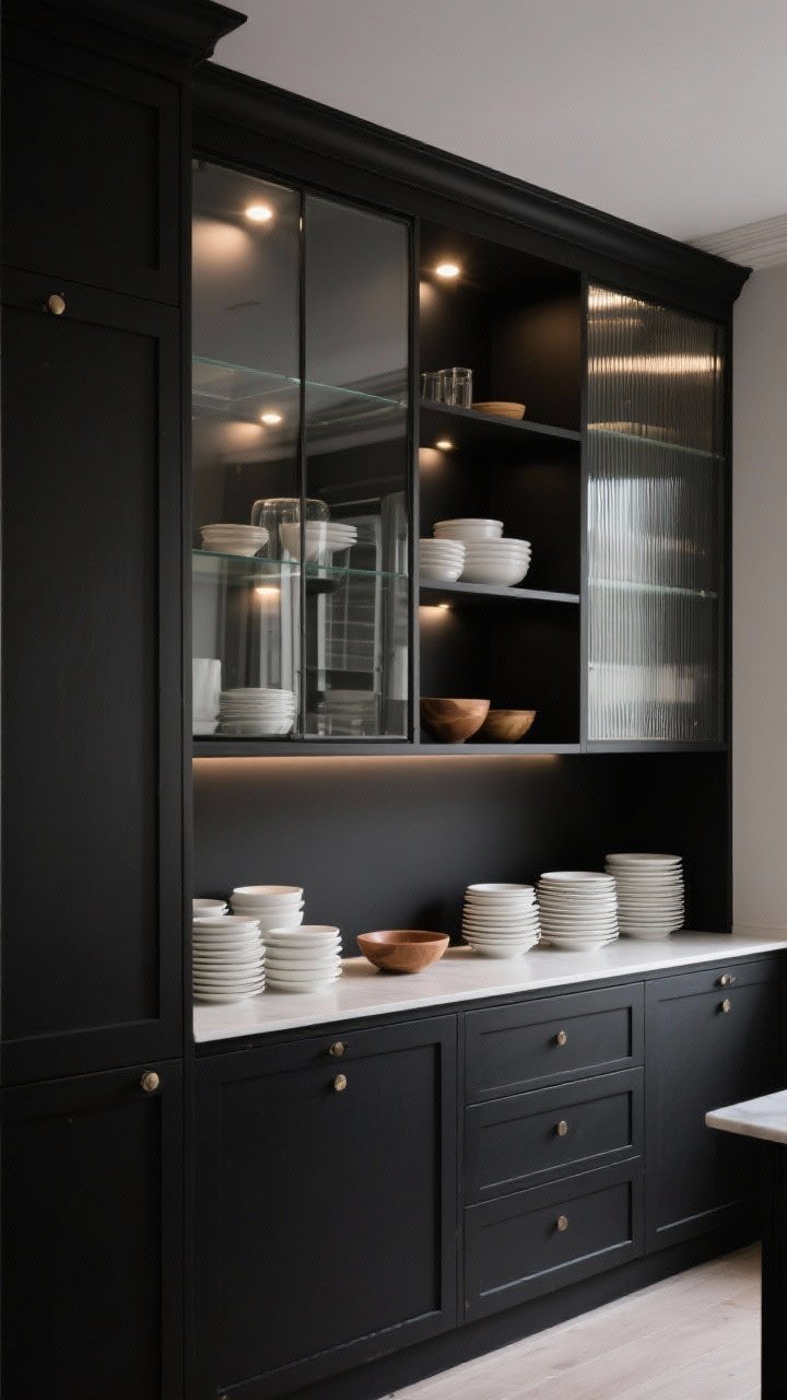 A medium shot focusing on black cabinetry broken up by glass-front uppers: mix of clear and reeded glass doors reflecting light; interior shelving painted the same color as the wall for seamless depth, styled with neatly stacked white dishes and a few warm wood bowls; subtle LED puck lights inside the cabinets for an evening glow; photorealistic with a refined European hint.