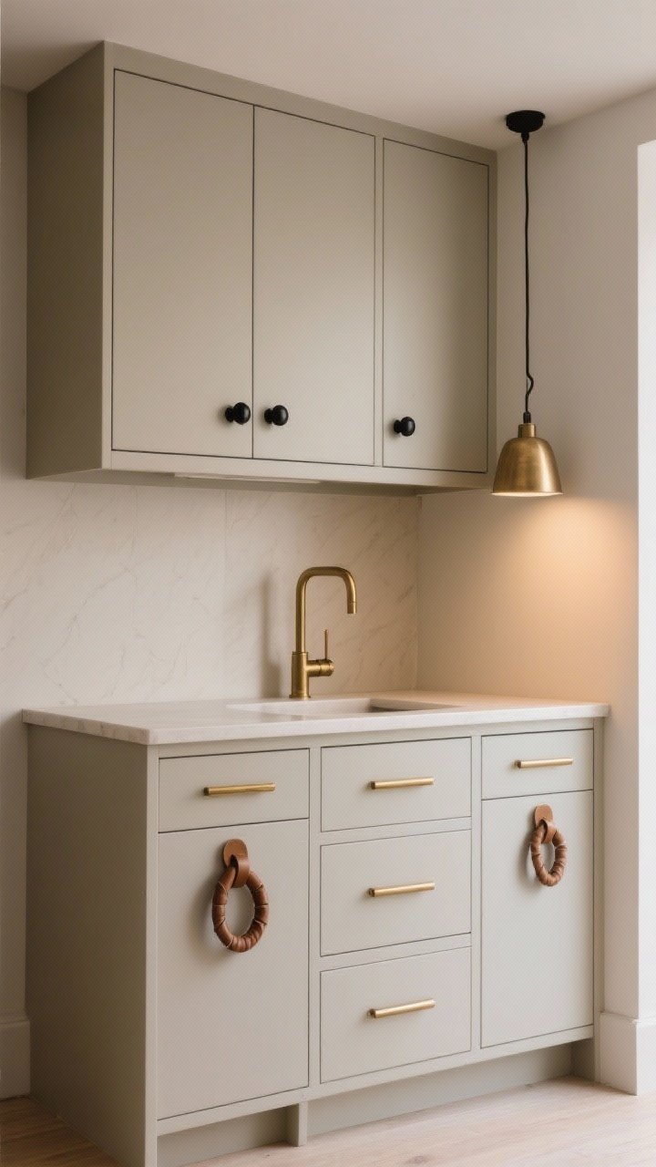 A medium shot of a compact kitchen cabinet bank with swapped hardware: matte black knobs on upper doors, brushed brass bar pulls on lower drawers, and a few leather loop pulls on a small pantry cabinet for a Scandinavian touch. Neutral cabinet color, faucet and a small pendant light in matching brushed brass for cohesive finishing. Soft, warm lighting (2700–3000K), no people, photorealistic, slight corner angle to show sparkle and texture of finishes.