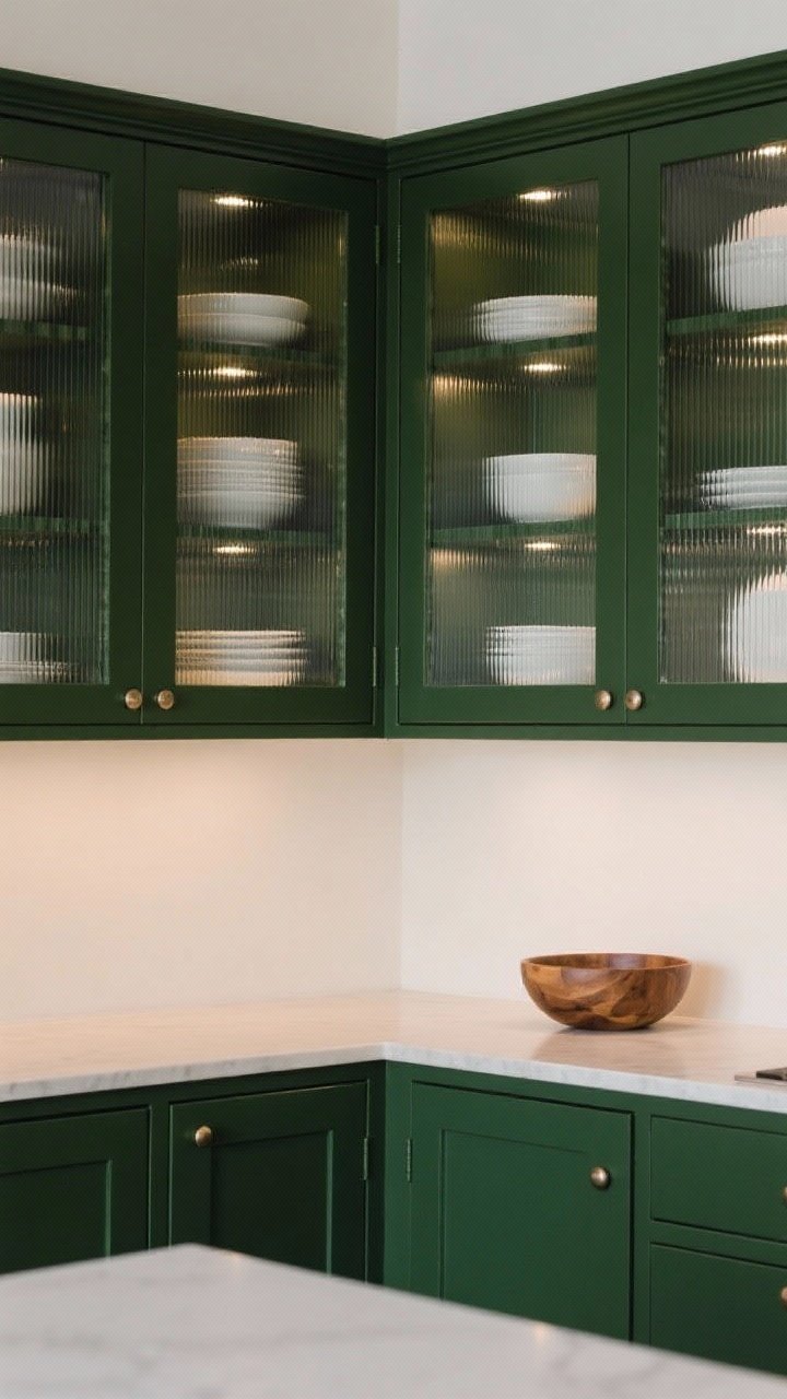 A medium shot of a kitchen wall featuring dark green framed glass-front upper cabinets with reeded (ribbed) glass panels, styled with white dishes and natural wood bowls inside; subtle puck lights installed inside the cabinets create a soft evening glow that shimmers through the textured glass; lower cabinets remain solid dark green, with a light, uncluttered countertop to keep the composition airy.