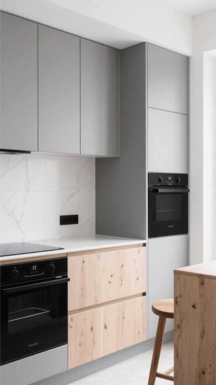 A medium shot of a minimalist kitchen corner showcasing a tight color palette: soft gray flat-front cabinets, natural pale wood accents, and white walls; matte black hardware and matching black appliances for cohesion; include a white backsplash and warm oak stool leg peeking in; calm, diffused daylight that emphasizes the controlled black + gray + wood scheme, photorealistic.