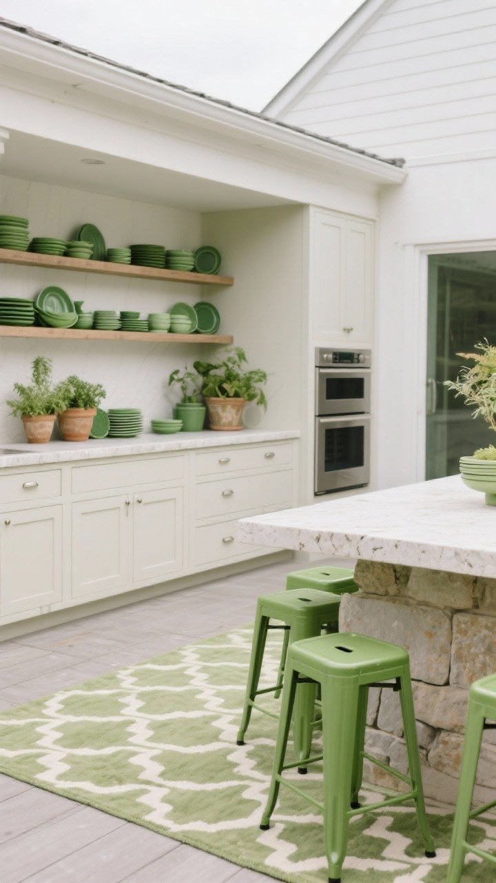 A medium shot of a neutral outdoor kitchen using green as accents: light stone counters and off-white cabinets with pops of green from bar stools, a sage-and-olive patterned outdoor rug grounding the seating area, mixed-green dishware stacked on open shelving, and grouped planters in tonal greens. Overcast daylight for even, calm lighting; approachable, budget-friendly vibe.