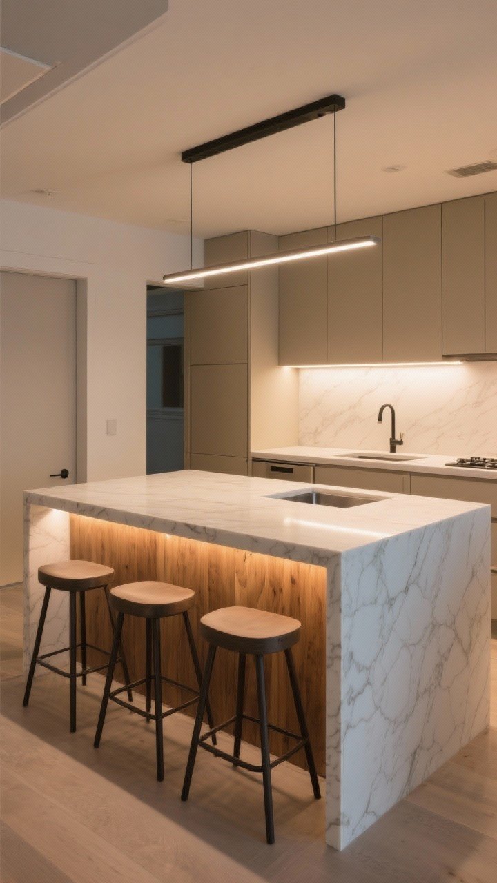 A medium shot of a two-tier kitchen island: lower quartz or butcher block prep surface and a raised bar-height perch with a 10–12 inch overhang for stools; the prep side shows a sink barely hidden by the raised tier; integrated LED strip lighting glows under the bar lip; compact stools tucked neatly; soft neutral cabinetry and tidy counters; warm, cozy task lighting; angled view highlighting defined zones for cooking versus seating