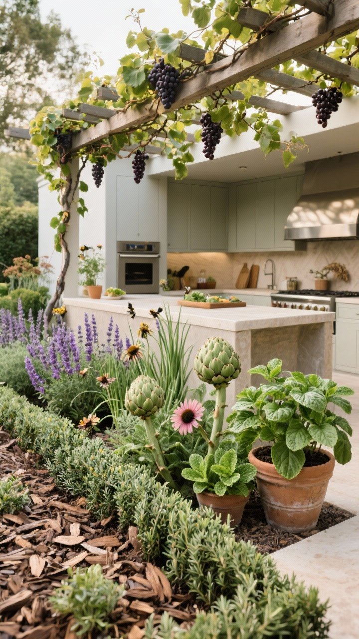 A medium shot of an edible, pollinator-friendly border wrapping an outdoor kitchen: rosemary hedges and thyme groundcover, basil and mint in containers (mint in a separate pot), perennial artichokes and chives adding structure; grapevines climbing a pergola for dappled shade; lavender, salvia, and echinacea buzzing with pollinators; mulched beds with wood chips for moisture retention