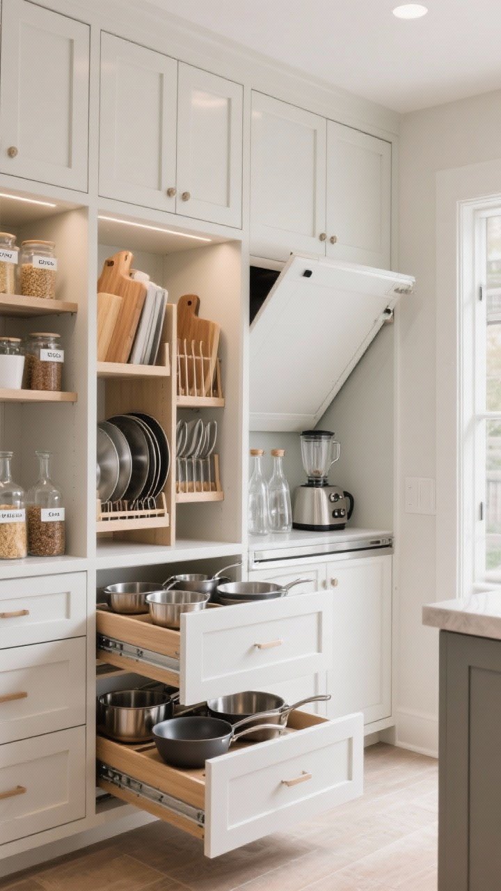 A medium shot of built-in storage solutions with doors and drawers open: deep drawers neatly organizing pots and pans, a pull-out pantry showing clearly labeled items, vertical tray dividers holding sheet pans and cutting boards, and an appliance garage door lifted to reveal a hidden toaster and blender; matching clear decanters with uniform labels for dry goods; bright, functional lighting, photorealistic.