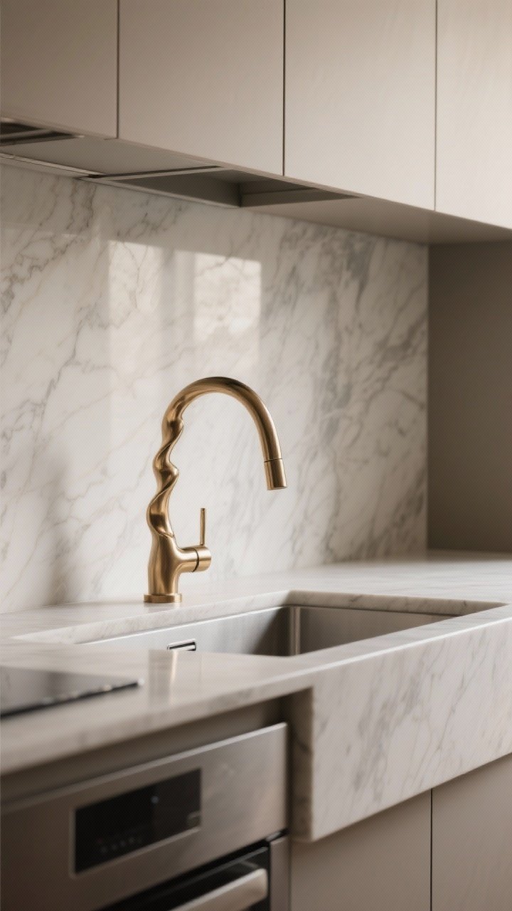A medium, straight-on focal composition featuring one sculptural moment: a dramatic brushed brass faucet arching over an undermount sink, set against a large-format slab backsplash with gentle veining; the rest of the kitchen remains quiet and minimal with neutral cabinetry and no competing statements; soft, focused lighting that spotlights the hero element, photorealistic.