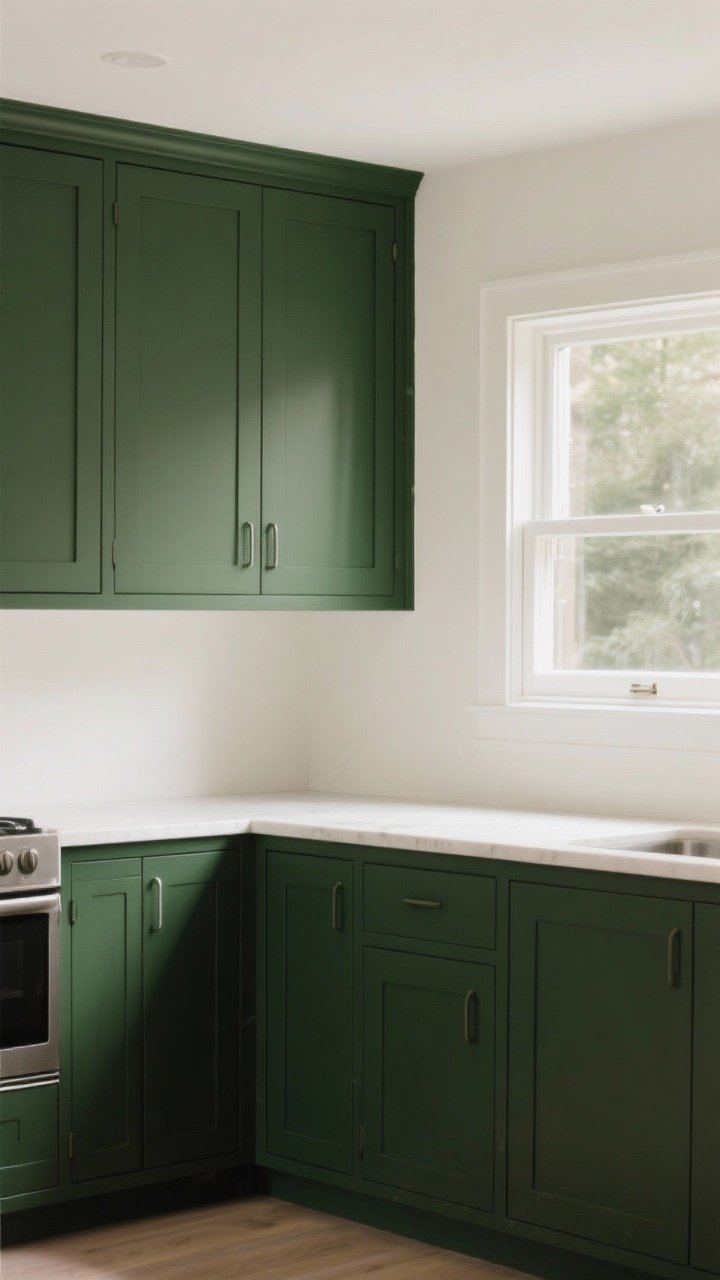A medium, straight-on kitchen vignette showcasing dark hunter green matte-finish base and upper cabinets with an eggshell/satin sheen, paired with warm white walls; the paint reads rich and light-absorbing, with minimal reflection and invisible fingerprints; clean-lined cabinet faces, concealed hinges, and simple styling; soft daylight from a side window enhances the depth of the forest/bottle green color while keeping the room bright; no hardware focus, just the moody-modern matte cabinetry against warm white.