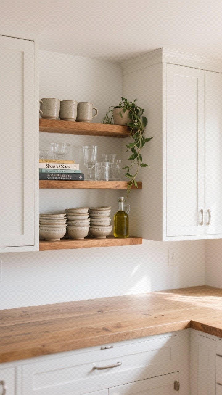 A medium, straight-on kitchen vignette showing the “Show vs Stow” strategy: two warm wood open shelves styled with stoneware mugs, stacks of bowls, pretty glassware, a few cookbooks, a small olive oil jug, and a trailing plant; adjacent closed upper cabinets in a soft white paint hide the bulk items; clean satin-finish shelving surfaces to reduce glare; minimal visual clutter, airy mood, natural daylight