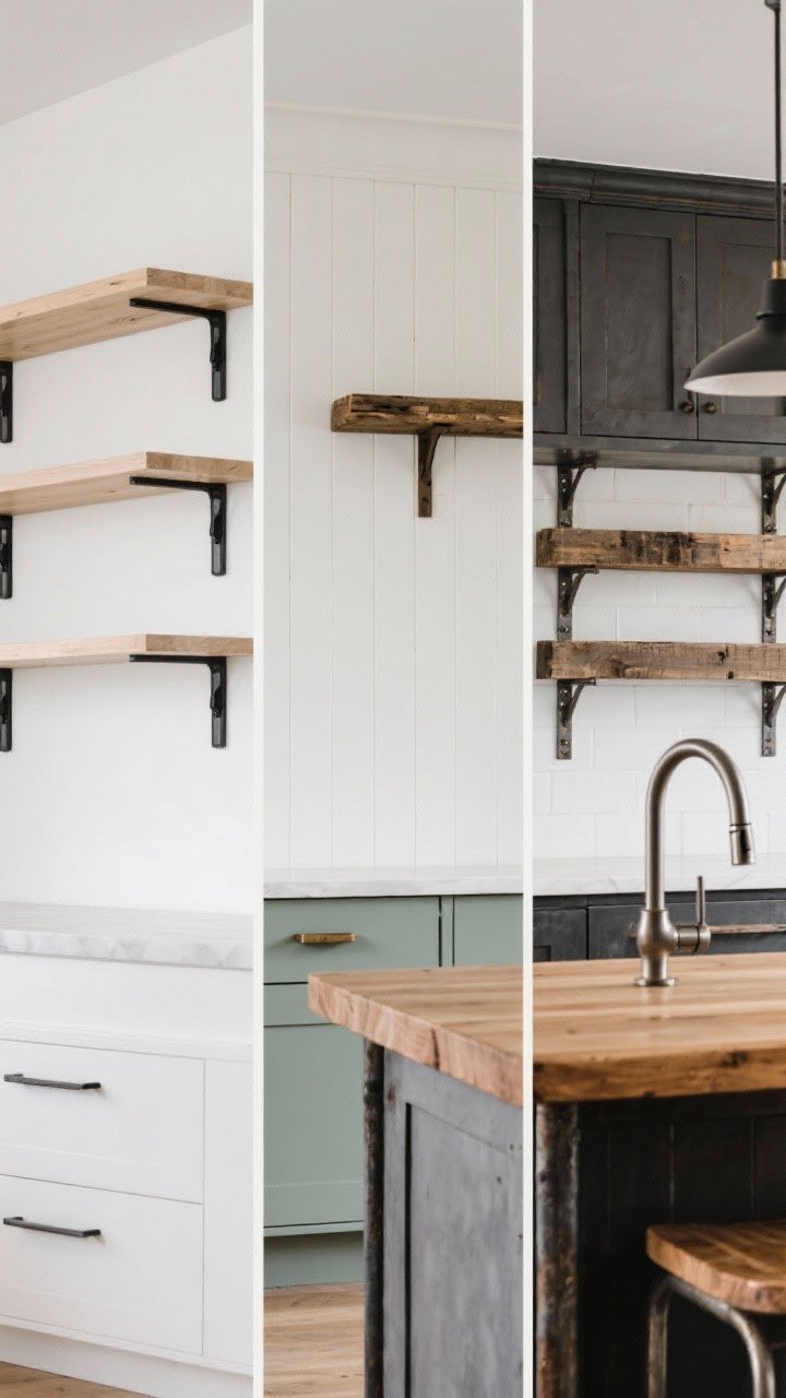 A medium, straight-on montage of design personalities: left zone shows Modern Scandinavian with white/light wood shelves, slim brackets, and matte black hardware; center shows Farmhouse/English Cottage with painted beadboard uppers plus a single rustic wood shelf; right shows Industrial with metal brackets, reclaimed wood shelves, and darker uppers; a transitional moment ties materials—matching wood tone to the island and metal to the faucet; cohesive, studio-lit realism