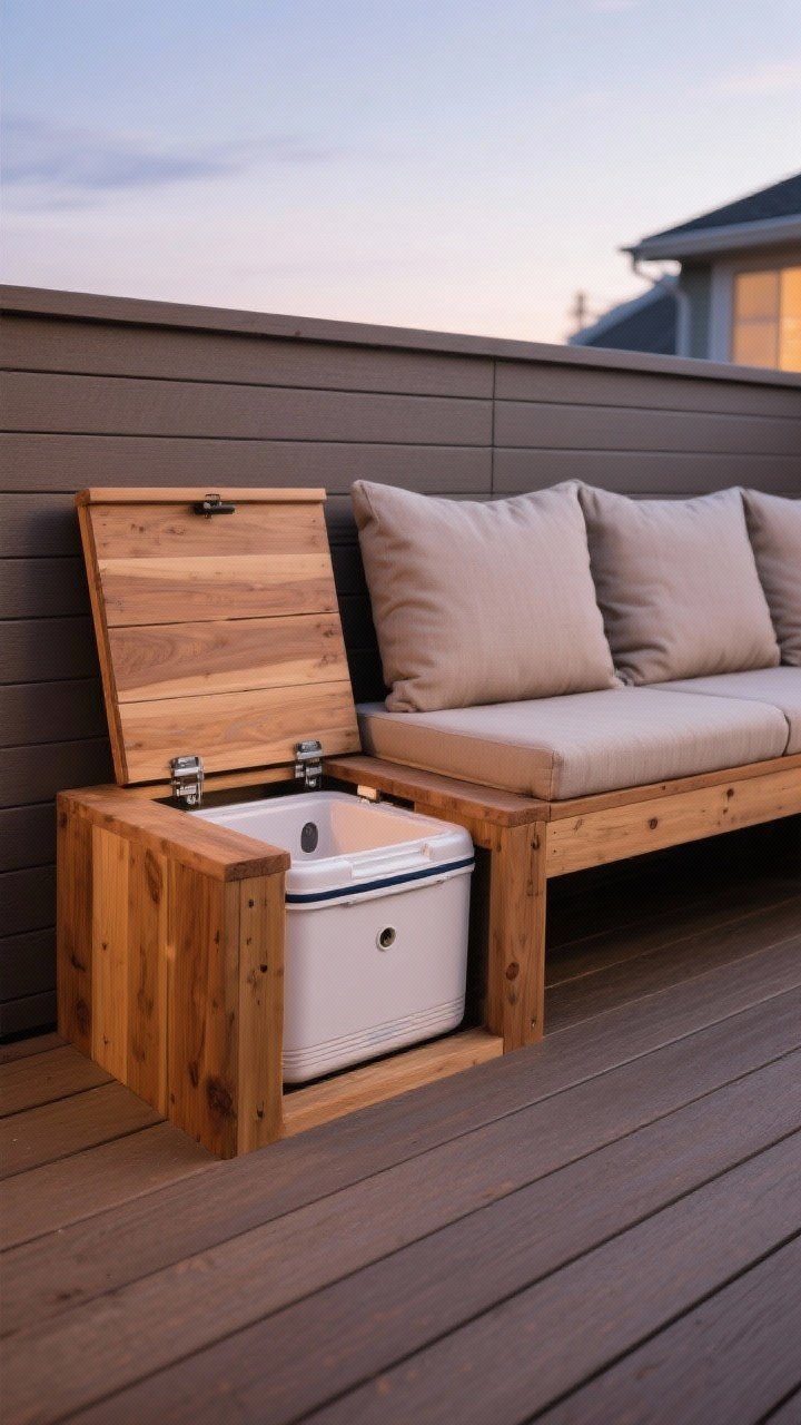 A medium, straight-on shot of a cedar hidden cooler bench on a deck, built from 2x4s with horizontal composite deck-board cladding; the hinged seat lid is open to reveal a drop-in cooler with a weatherstrip and a small drain hole with a stopper; weatherproof cushions in muted neutrals rest on one side; soft evening shade, natural cedar grain and composite board texture emphasized.