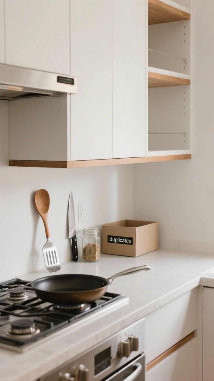 A medium, straight-on shot of a compact kitchen countertop and open cabinet mid-declutter, featuring a carefully edited set of daily-use tools: a single stainless spatula, one wooden spoon, one chef’s knife, and a favorite skillet on a clean stove. In the background, a small box labeled “duplicates” and a jar of old, faded spices awaiting purge. Light, neutral palette with matte white cabinets and warm wood accents, natural daylight creating a calm, efficient, chef-like vibe with prime real estate items at arm’s reach and empty space visible on upper shelves.