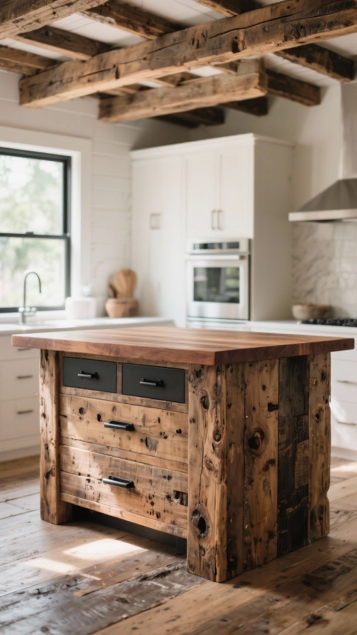 A medium, straight-on shot of a rustic kitchen island crafted from reclaimed wood barn beams and salvaged flooring, showcasing visible dings, knots, and weathered patina; matte, food-safe sealed finish with a walnut top on an oak base; matte black hardware on drawers; soft natural daylight filtering in to warm the wood tones; minimal surrounding modern appliances for contrast; clean styling with no people, photorealistic texture emphasis.