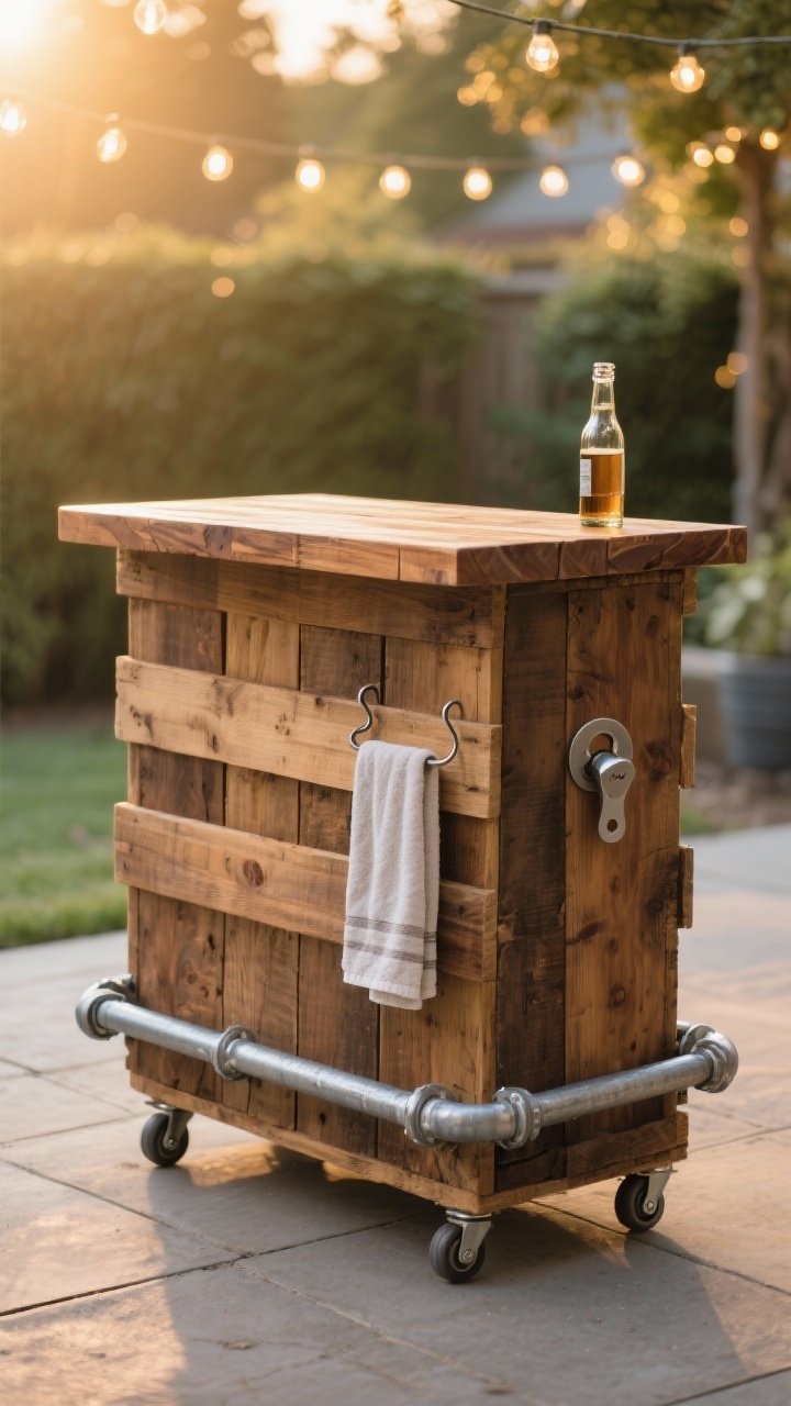 A medium, straight-on shot of a rustic pallet bar on a patio at golden hour, built from two vertically stacked, sanded pallets stained a warm walnut, topped with a sealed butcher-block slab; a galvanized pipe footrest with flange fittings runs along the base, S-hooks hold a towel and a metal bottle opener; locking casters are visible under the pallets; natural outdoor backdrop with soft string-light bokeh, no people, photorealistic wood grain and pallet texture emphasized.