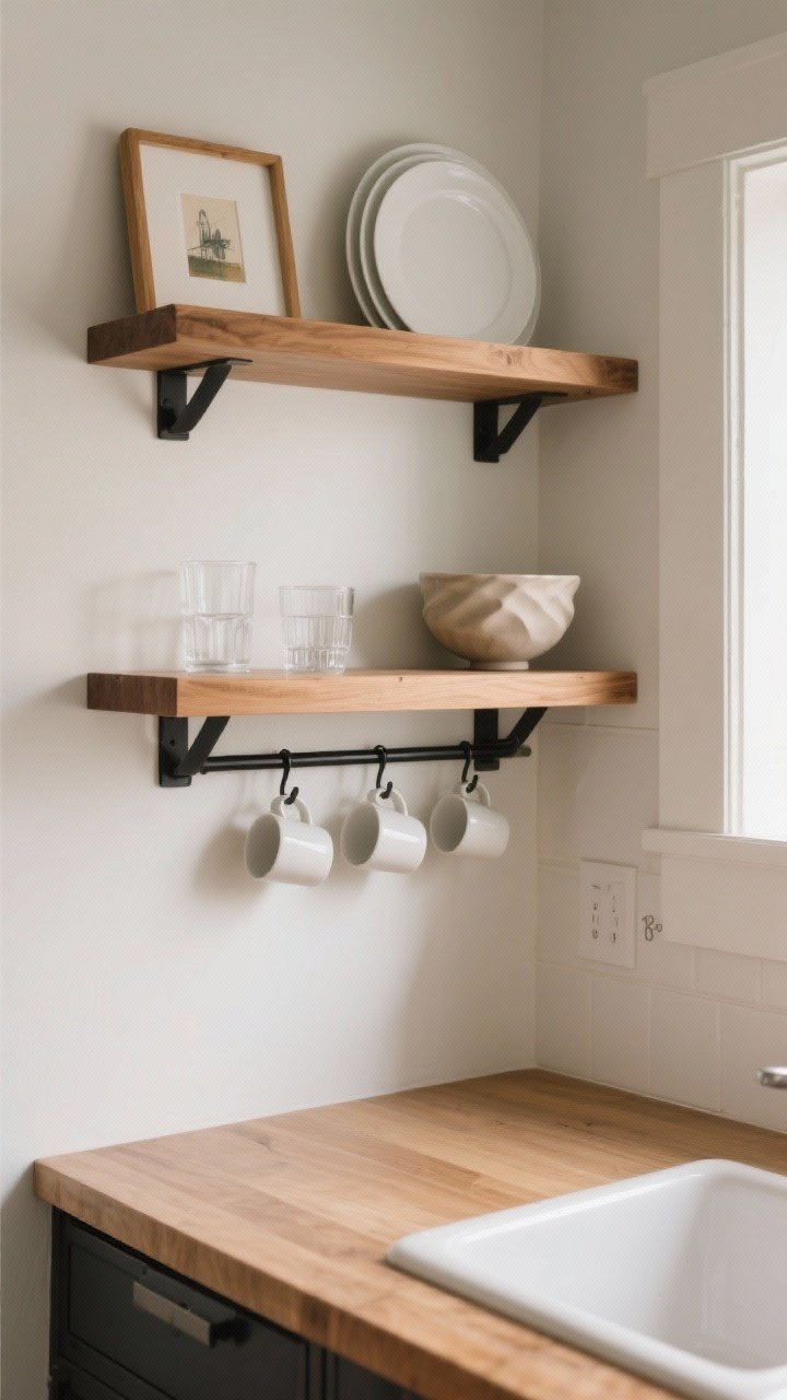 A medium, straight-on shot of a small kitchen wall featuring two to three floating wood shelves above a countertop and sink, lowest shelf 18 inches above the counter. Shelves styled with matching white plates, clear glasses, one decorative moment per shelf (a small framed print on one, a sculptural bowl on another), and under-shelf hooks holding mugs. Warm wood tones, matte black brackets for contrast, soft natural daylight creating an airy, intentional look.