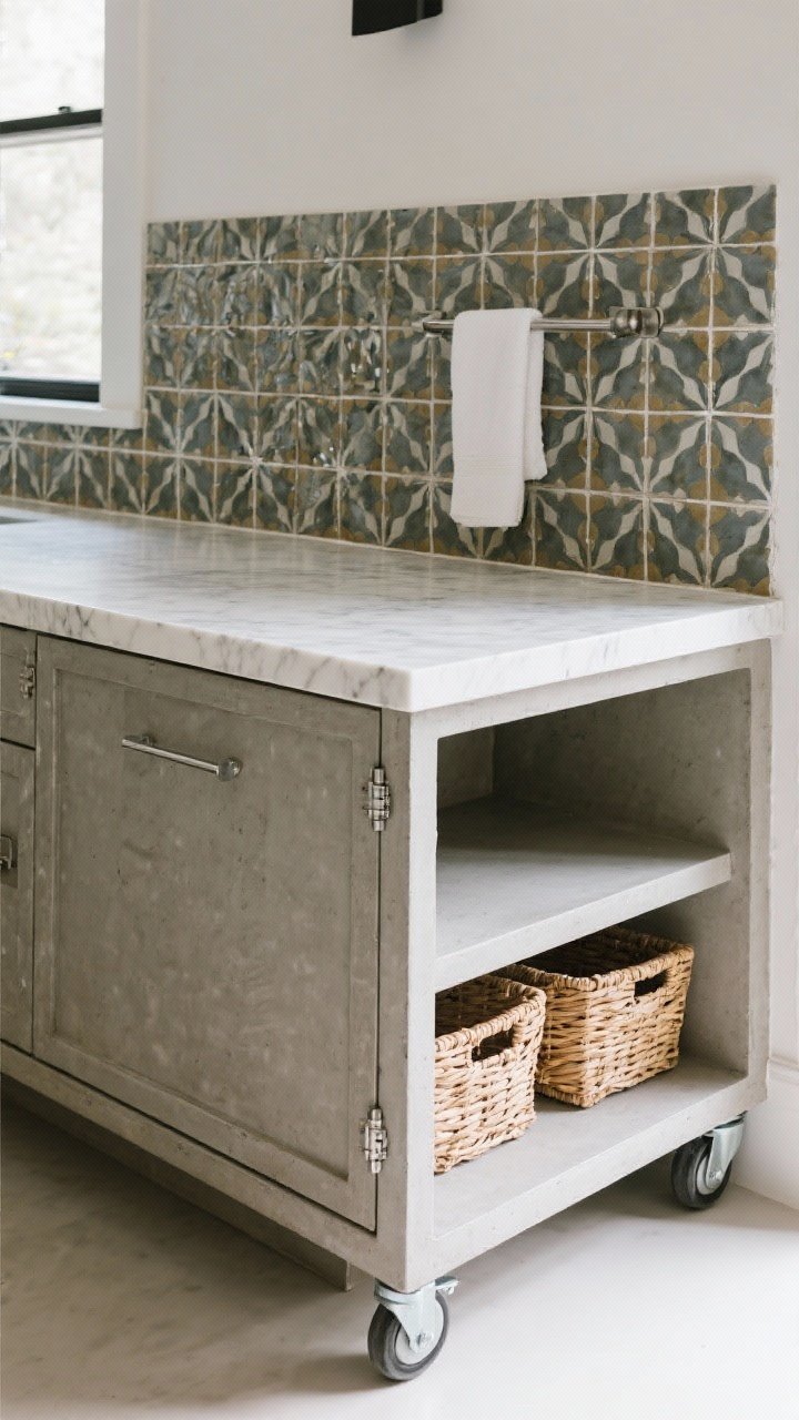 A medium, straight-on shot of a tile-top serving island on heavy-duty locking casters: a rectangular frame topped with cement board and waterproofing membrane beneath bold patterned porcelain tiles; crisp epoxy grout lines, aluminum tile edge trim for a clean finish; a towel bar on the side and a lower shelf with baskets; saturated daylight, tile pattern and sheen sharply rendered.