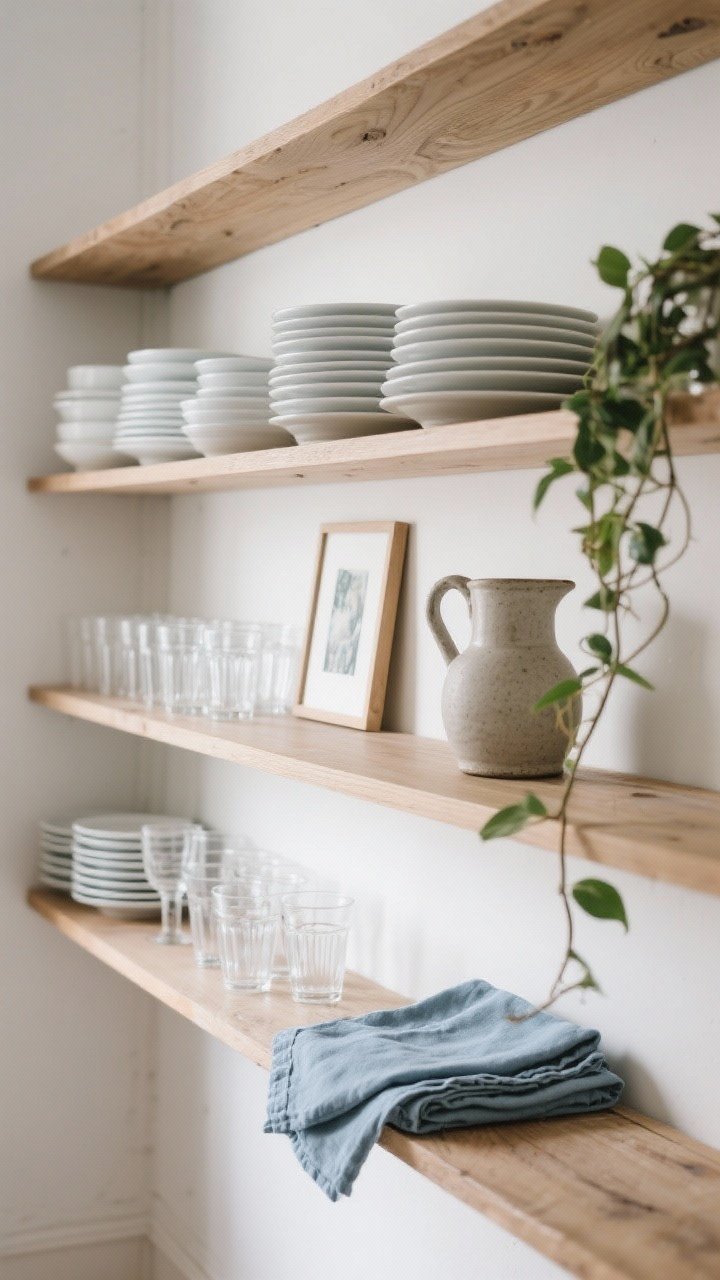 A medium, straight-on shot of curated open kitchen shelves styled like a Paris apartment: oak shelves holding neatly stacked white plates and bowls, rows of clear tumblers, a stoneware pitcher, a small framed print leaning casually, folded linen napkins, and a trailing plant; restrained color palette of white, glass, wood, and one accent color (dusty blue napkins); soft daylight, minimal and intentional.