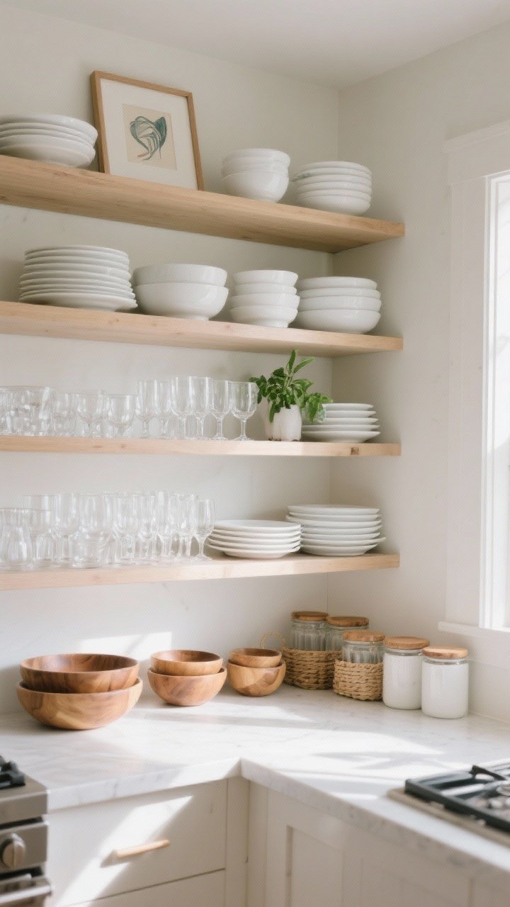 A medium, straight-on shot of open kitchen shelves styled intentionally: repeated white dishes, rows of clear glasses, a few warm wood bowls for texture, one small green plant and a framed art piece for personality. Small items corralled in lidded jars or baskets, and a tight 2–3 tone palette (white, glass, light wood) to reduce visual noise. Natural side light adds soft shadows, creating a curated, Instagram-ready moment.