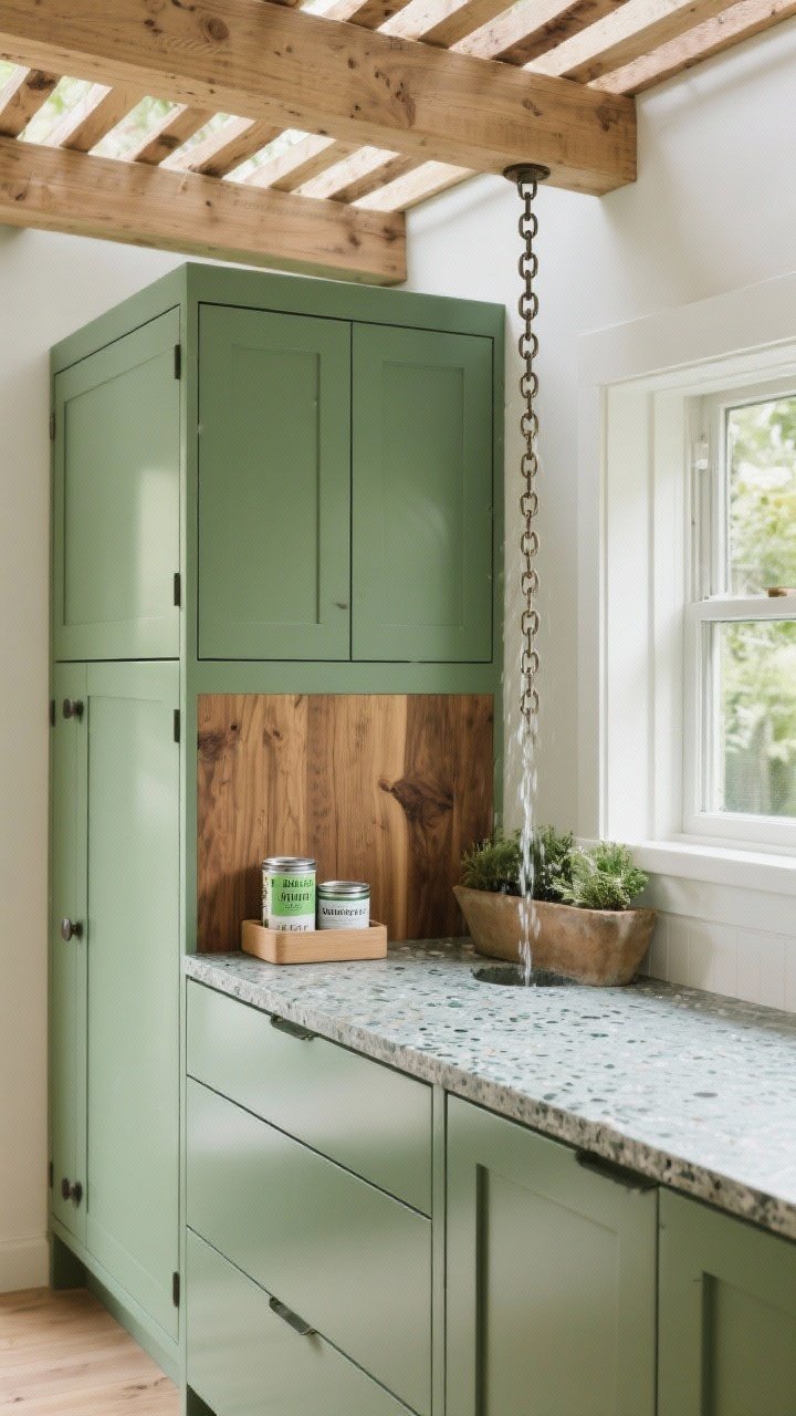 A medium, straight-on view highlighting sustainable, chic materials: powder-coated aluminum green cabinets, recycled composite countertop with subtle aggregate, thermally modified wood cladding on a side panel, and a small caddy of low-VOC paint and sealer tins on the counter. Include a decorative rain chain guiding water from a pergola beam into a planter below. Soft morning light, clean and durable feel.