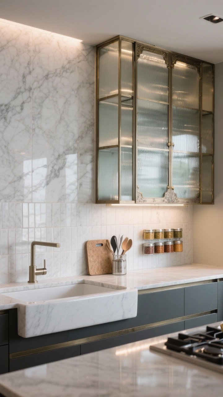 A medium, straight-on view of a backsplash that elevates the space: a full-height quartz slab behind the sink extending to the ceiling, adjacent vertical skinny rectangle tiles stacked straight up to exaggerate height, a mirrored or antiqued glass panel behind an open shelf for depth and glow, and a small magnetic backsplash panel near the stove holding spice tins/utensils; clean, reflective surfaces with easy-wipe texture; even ambient lighting with subtle gleam; photorealistic.