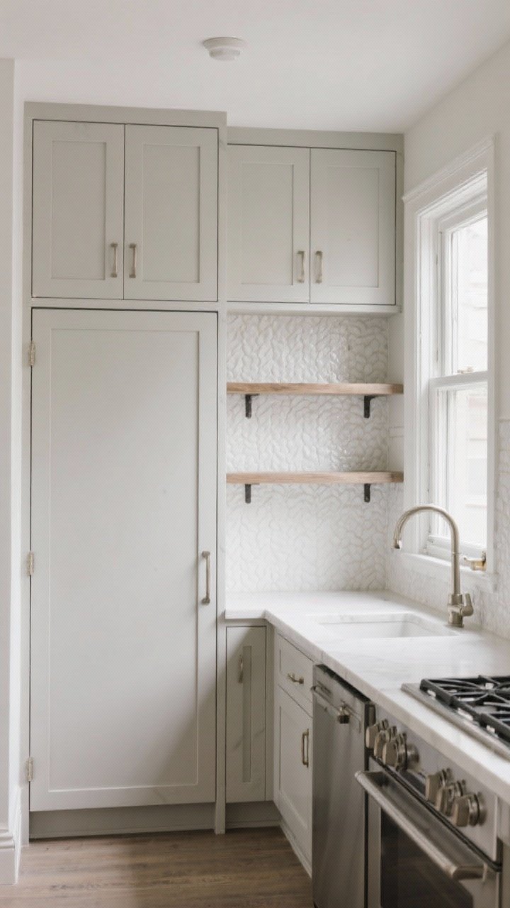 A medium, straight-on view of a small kitchen using a hybrid formula: mostly upper cabinets for storage density with one to two open shelves over a short run to visually lighten the wall; another wall shows open shelves flanking a window while uppers live elsewhere; a tall pantry cabinet anchors the layout; the backsplash behind the open shelves is finished in textured white tile to look intentional; compact, balanced composition